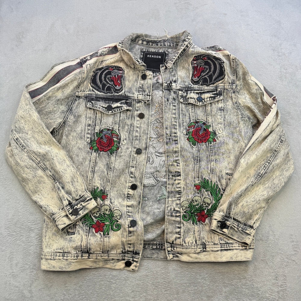 Reason‎ Denim Jacket Mens 2XL Gray Acid Wash Embroidered Skull Streetwear Roses